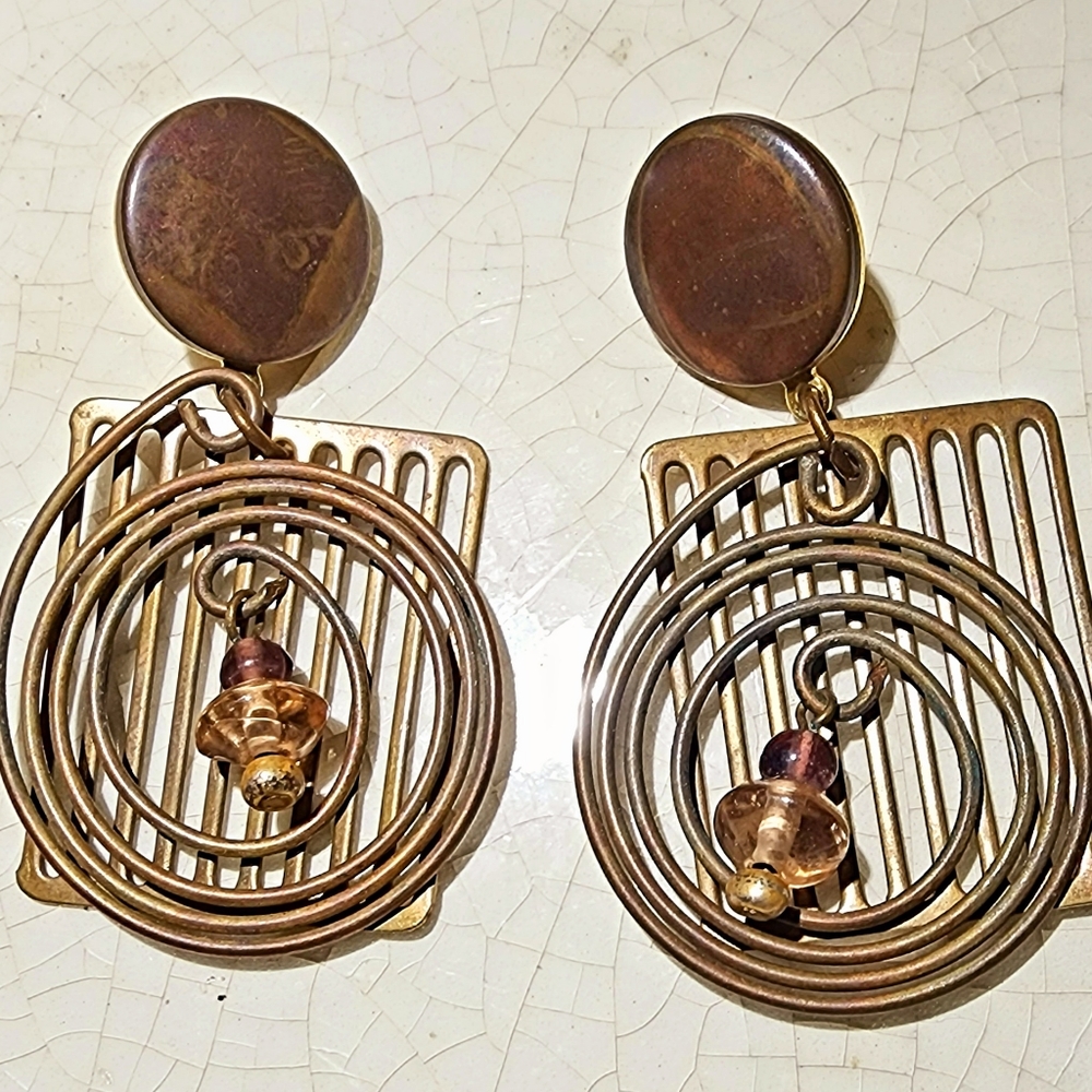 Bronze Brown Memphis style spiral shapes with amber gemstone earrings